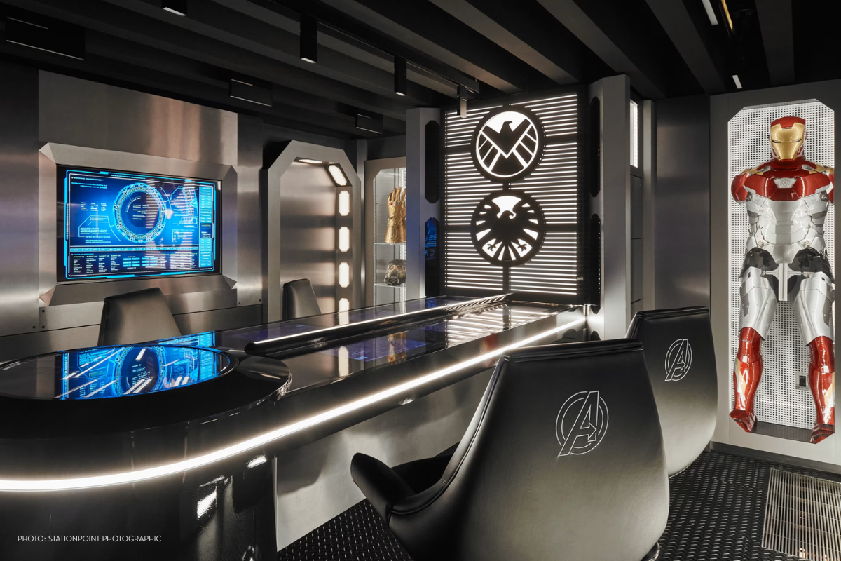 Dramatic home office interior inspired by Marvel’s Avengers, designed by Meredith Heron with bold finishes and cinematic flair. Photo by Stationpoint Photographic.
