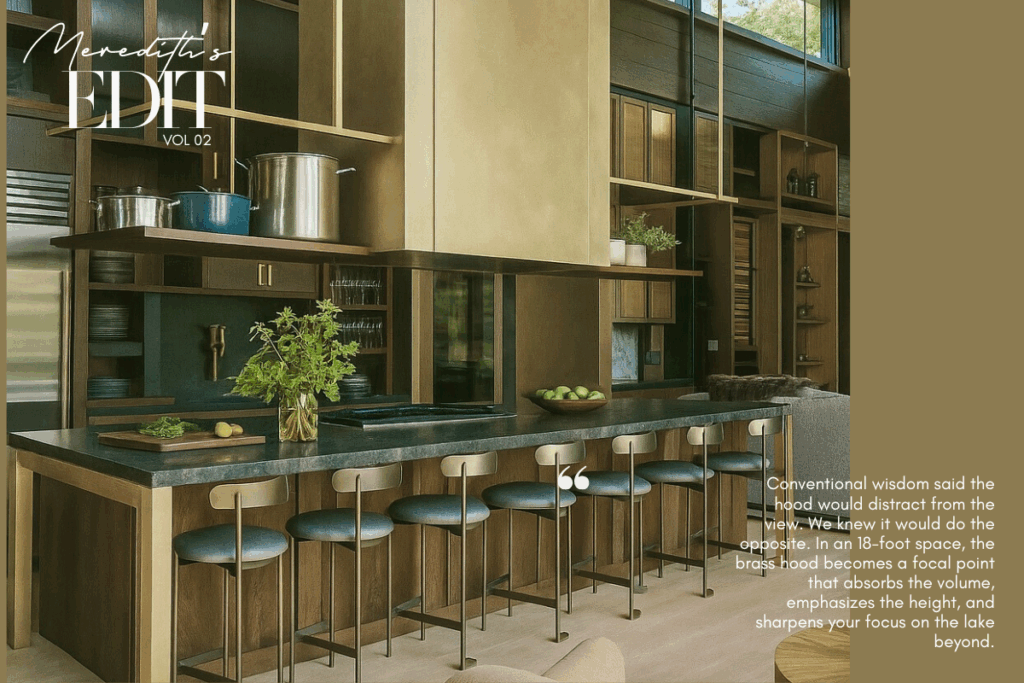 Luxury Cottage/Lake House  Kitchen with custom brass hood and island seating