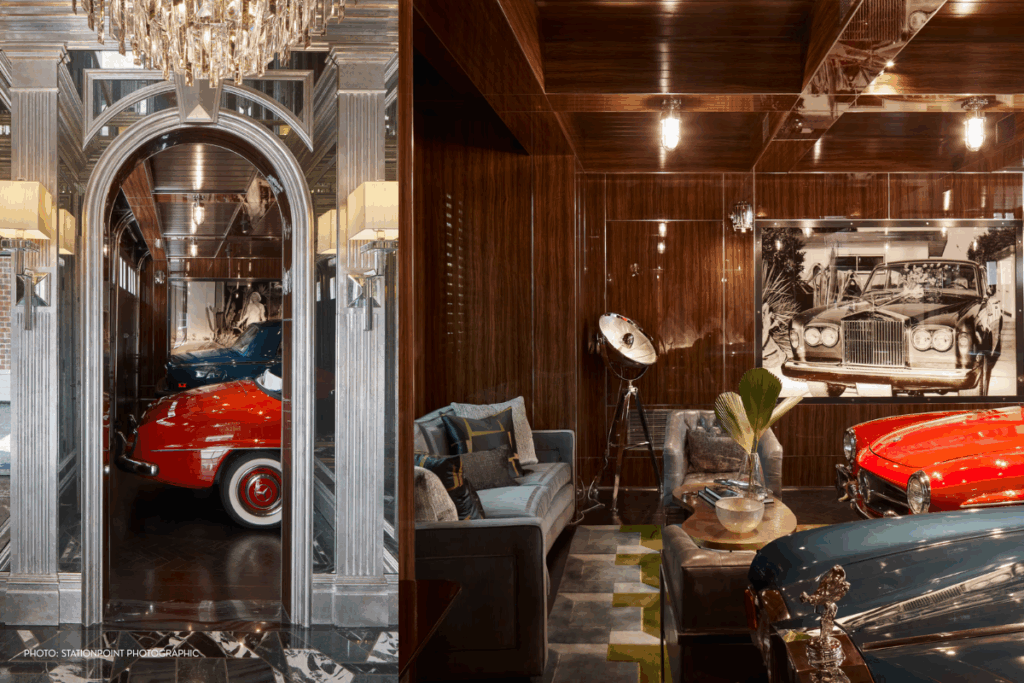 Luxury garage interior designed by Meredith Heron featuring Frank Sinatra’s 1958 Rolls-Royce and custom millwork, photographed by Stationpoint Photographic.