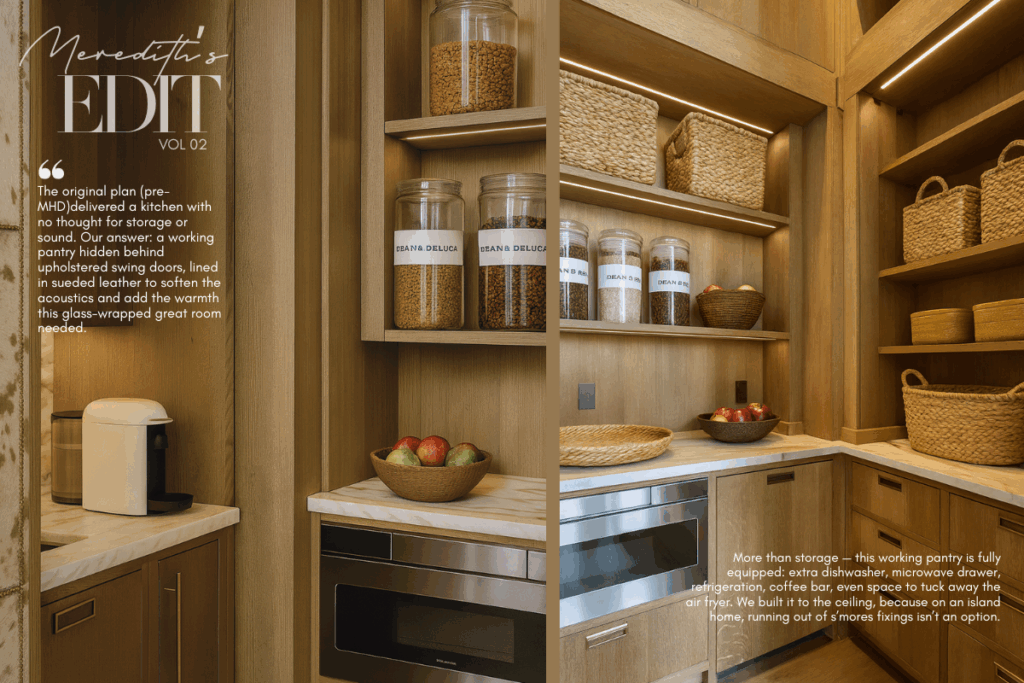 Hidden working pantry with leather doors and built-in storage