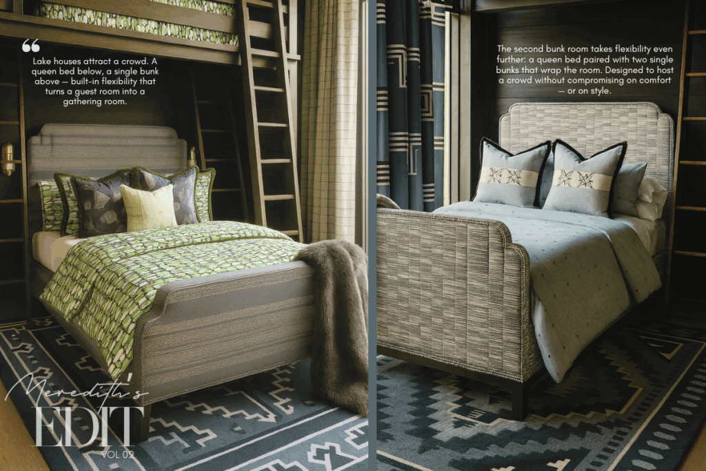 Bunk rooms with queen and built-in bunks, styled with luxe bedding