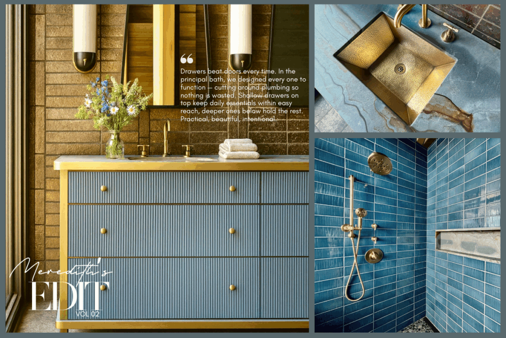 Principal bath with custom vanity, brass fixtures, and blue tile shower